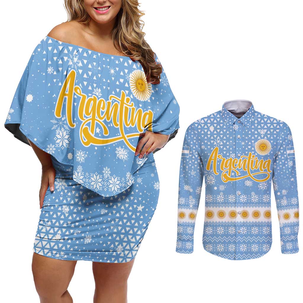 Argentina Christmas Couples Matching Off Shoulder Short Dress and Long Sleeve Button Shirt with Blue-White Snowflake Pattern, Sun Emblem, and Gaucho Santa Riding Horse Motif - Wonder Print Shop