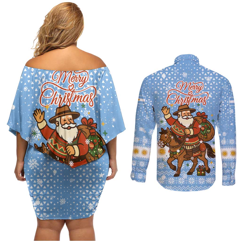 Argentina Christmas Couples Matching Off Shoulder Short Dress and Long Sleeve Button Shirt with Blue-White Snowflake Pattern, Sun Emblem, and Gaucho Santa Riding Horse Motif - Wonder Print Shop