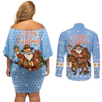 Argentina Christmas Couples Matching Off Shoulder Short Dress and Long Sleeve Button Shirt with Blue-White Snowflake Pattern, Sun Emblem, and Gaucho Santa Riding Horse Motif - Wonder Print Shop