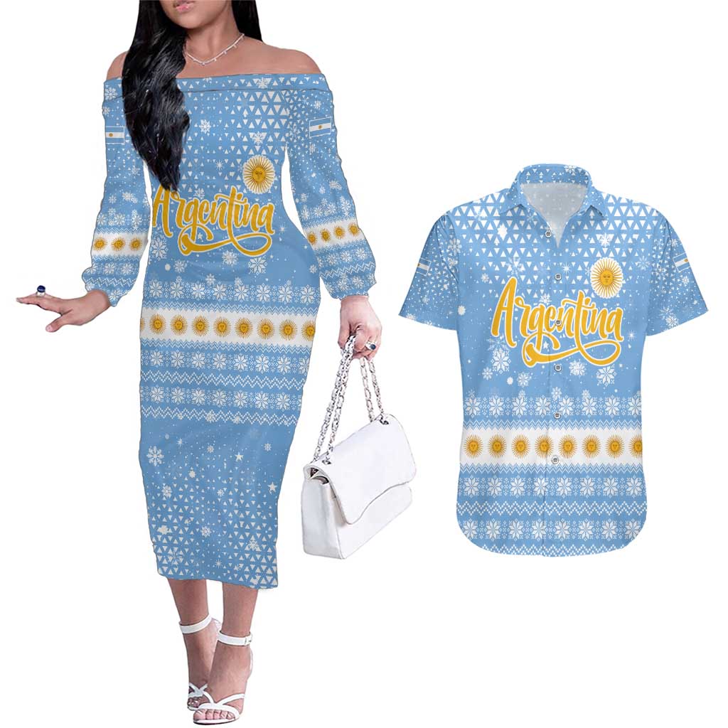 Argentina Christmas Couples Matching Off The Shoulder Long Sleeve Dress and Hawaiian Shirt with Blue-White Snowflake Pattern, Sun Emblem, and Gaucho Santa Riding Horse Motif - Wonder Print Shop