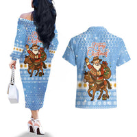 Argentina Christmas Couples Matching Off The Shoulder Long Sleeve Dress and Hawaiian Shirt with Blue-White Snowflake Pattern, Sun Emblem, and Gaucho Santa Riding Horse Motif - Wonder Print Shop