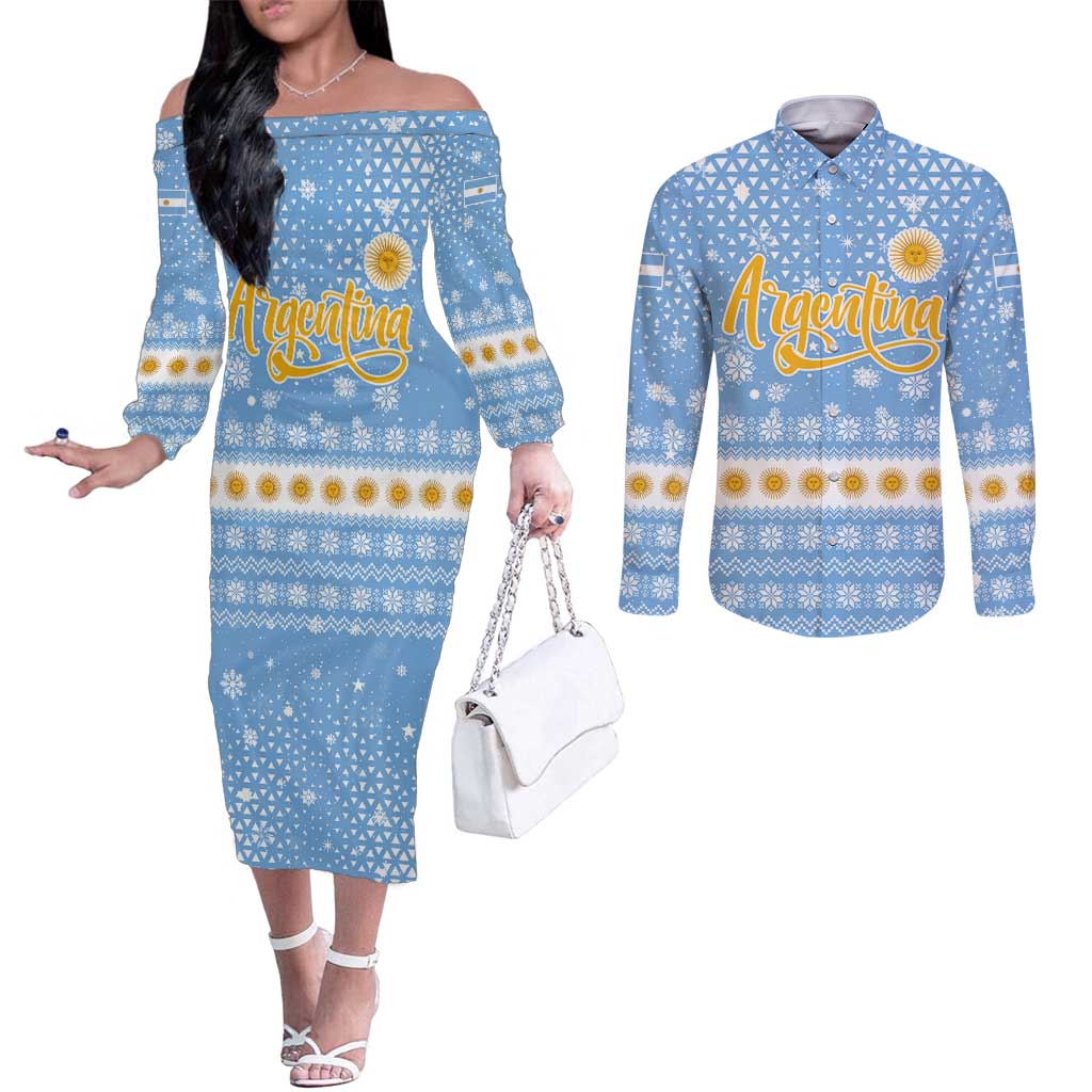 Argentina Christmas Couples Matching Off The Shoulder Long Sleeve Dress and Long Sleeve Button Shirt with Blue-White Snowflake Pattern, Sun Emblem, and Gaucho Santa Riding Horse Motif - Wonder Print Shop
