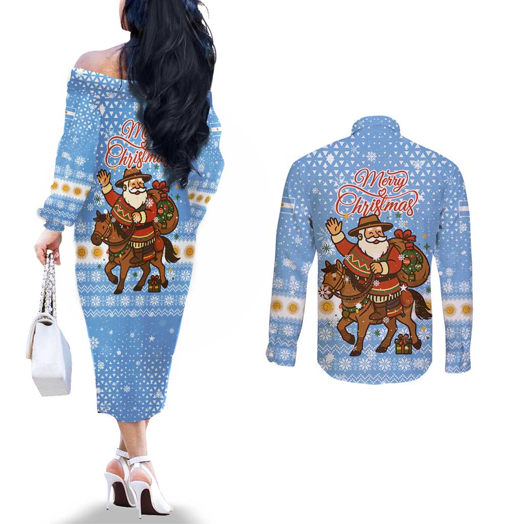 Argentina Christmas Couples Matching Off The Shoulder Long Sleeve Dress and Long Sleeve Button Shirt with Blue-White Snowflake Pattern, Sun Emblem, and Gaucho Santa Riding Horse Motif - Wonder Print Shop