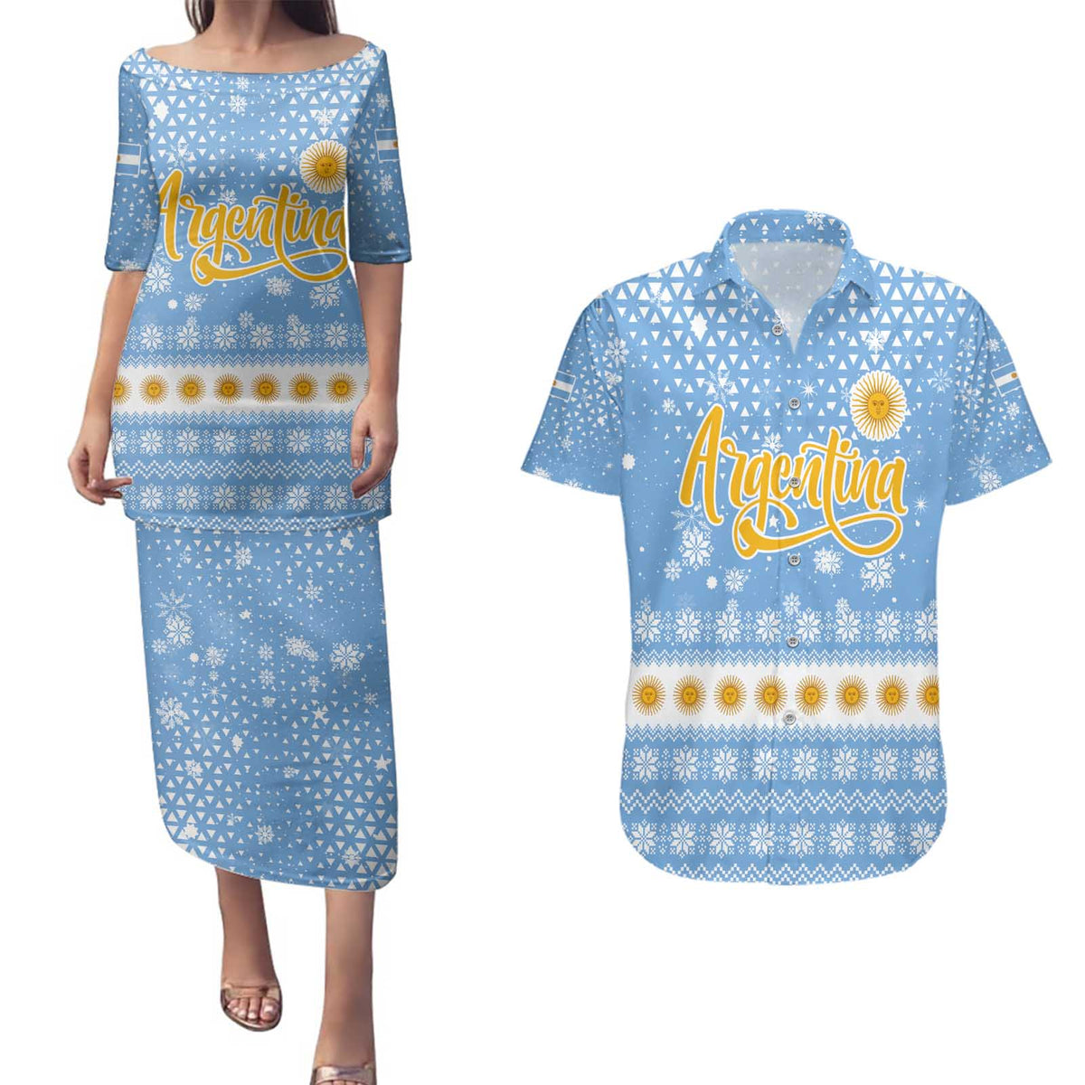 Argentina Christmas Couples Matching Puletasi and Hawaiian Shirt with Blue-White Snowflake Pattern, Sun Emblem, and Gaucho Santa Riding Horse Motif - Wonder Print Shop