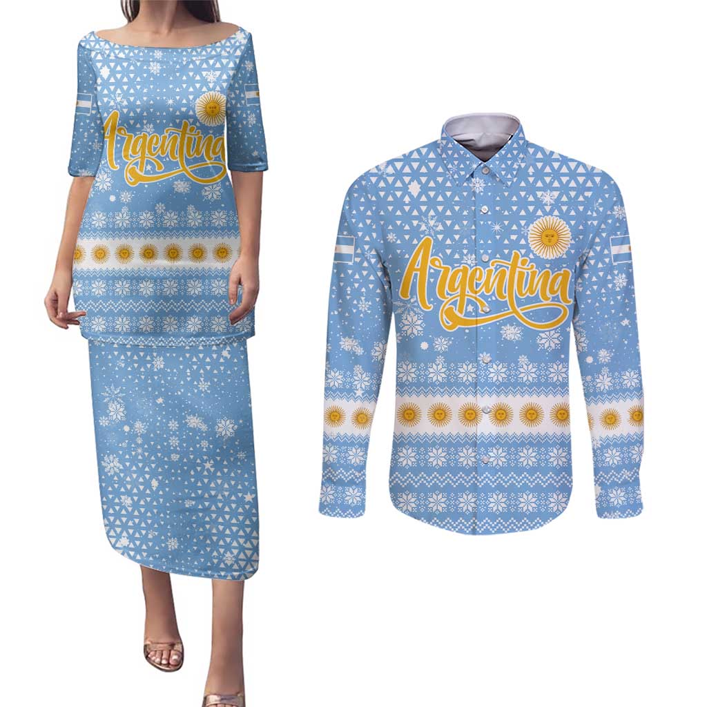 Argentina Christmas Couples Matching Puletasi and Long Sleeve Button Shirt with Blue-White Snowflake Pattern, Sun Emblem, and Gaucho Santa Riding Horse Motif - Wonder Print Shop