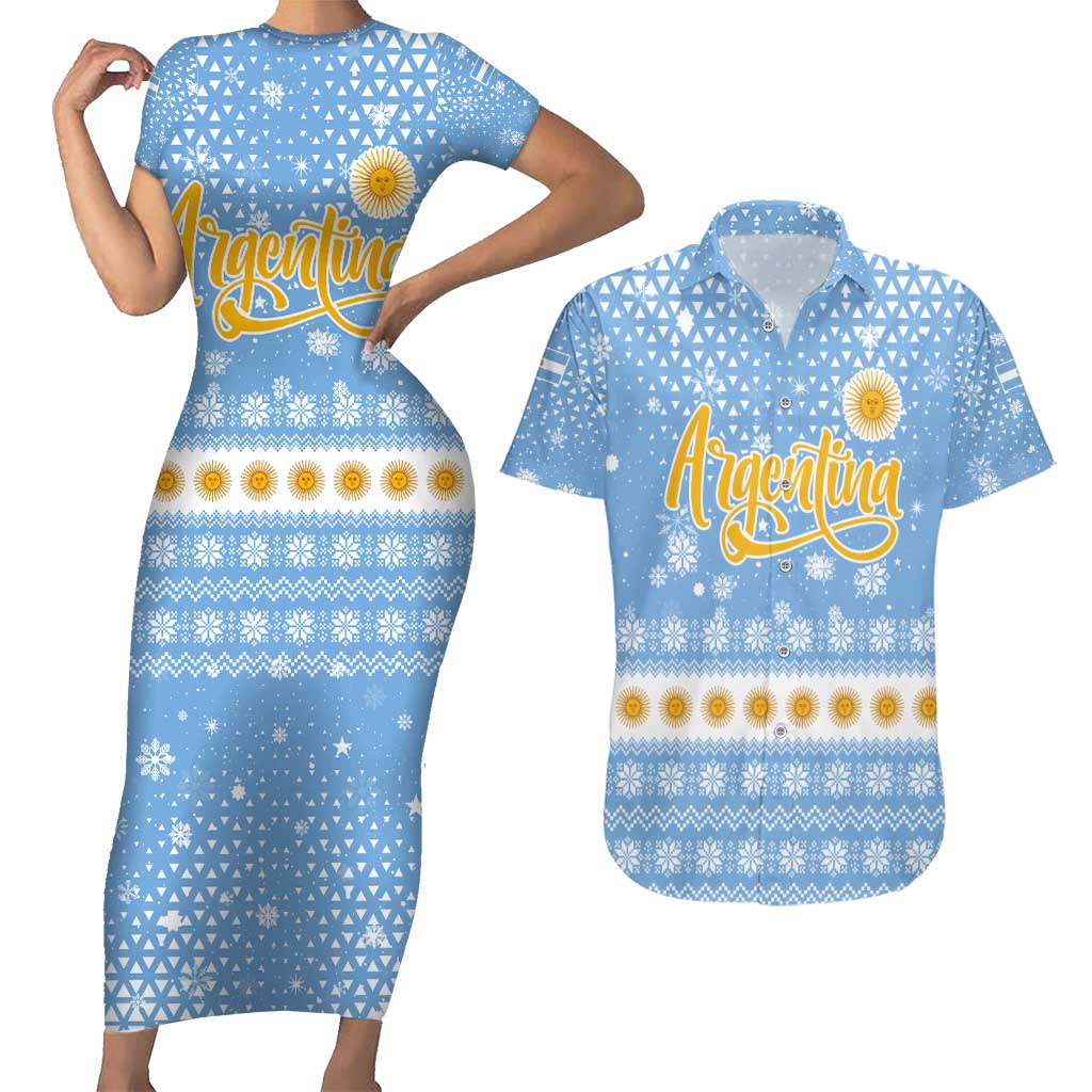 Argentina Christmas Couples Matching Short Sleeve Bodycon Dress and Hawaiian Shirt with Blue-White Snowflake Pattern, Sun Emblem, and Gaucho Santa Riding Horse Motif - Wonder Print Shop
