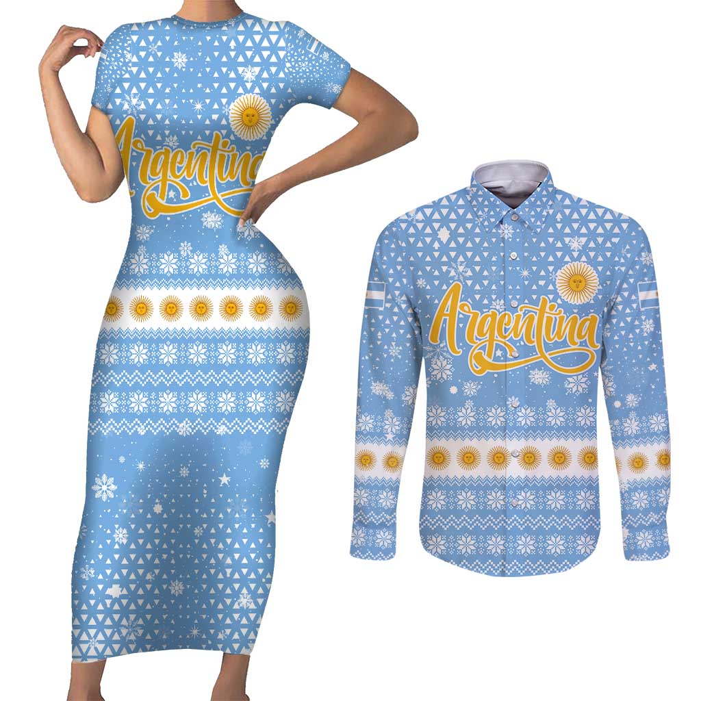Argentina Christmas Couples Matching Short Sleeve Bodycon Dress and Long Sleeve Button Shirt with Blue-White Snowflake Pattern, Sun Emblem, and Gaucho Santa Riding Horse Motif - Wonder Print Shop