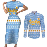 Argentina Christmas Couples Matching Short Sleeve Bodycon Dress and Long Sleeve Button Shirt with Blue-White Snowflake Pattern, Sun Emblem, and Gaucho Santa Riding Horse Motif - Wonder Print Shop