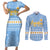 Argentina Christmas Couples Matching Short Sleeve Bodycon Dress and Long Sleeve Button Shirt with Blue-White Snowflake Pattern, Sun Emblem, and Gaucho Santa Riding Horse Motif - Wonder Print Shop