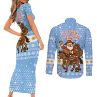 Argentina Christmas Couples Matching Short Sleeve Bodycon Dress and Long Sleeve Button Shirt with Blue-White Snowflake Pattern, Sun Emblem, and Gaucho Santa Riding Horse Motif - Wonder Print Shop