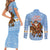 Argentina Christmas Couples Matching Short Sleeve Bodycon Dress and Long Sleeve Button Shirt with Blue-White Snowflake Pattern, Sun Emblem, and Gaucho Santa Riding Horse Motif - Wonder Print Shop