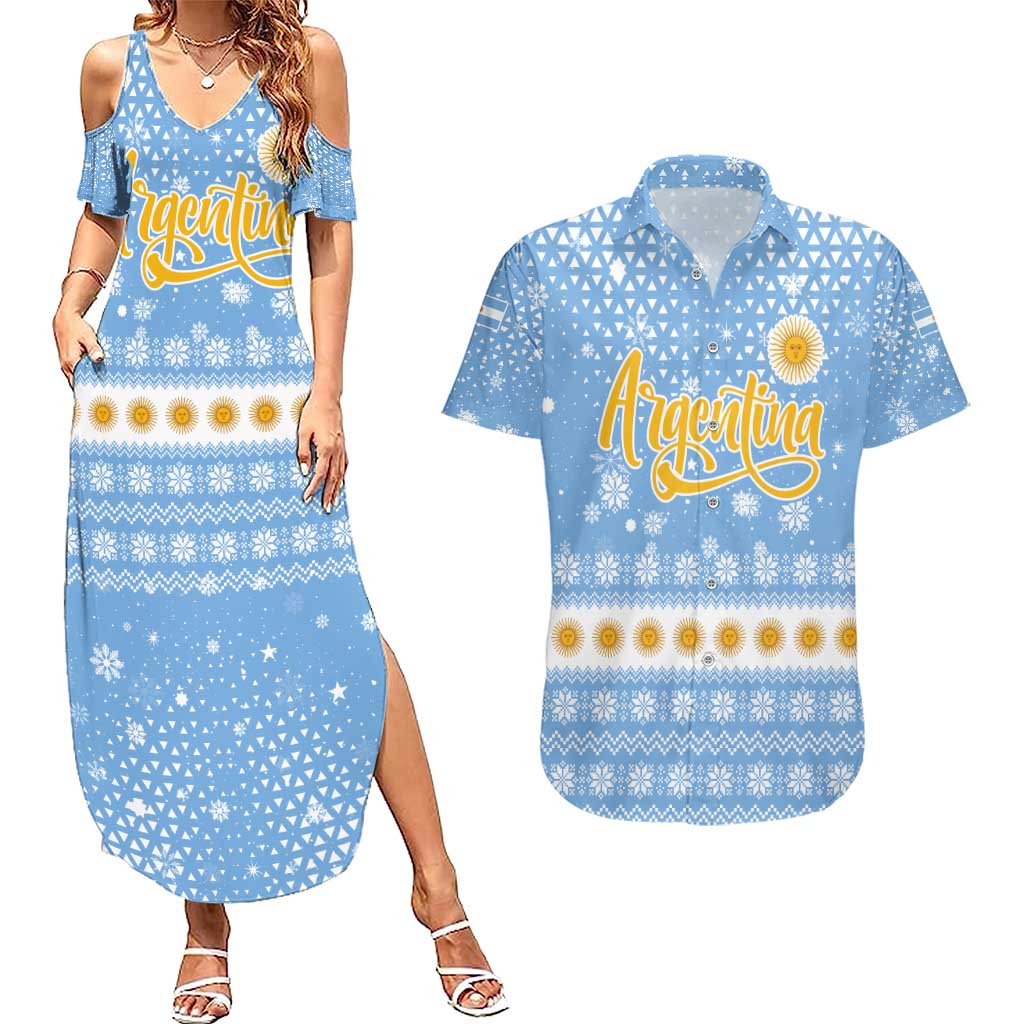 Argentina Christmas Couples Matching Summer Maxi Dress and Hawaiian Shirt with Blue-White Snowflake Pattern, Sun Emblem, and Gaucho Santa Riding Horse Motif - Wonder Print Shop
