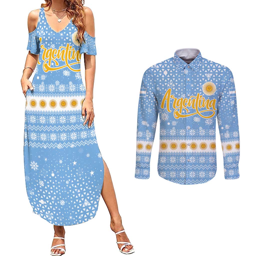 Argentina Christmas Couples Matching Summer Maxi Dress and Long Sleeve Button Shirt with Blue-White Snowflake Pattern, Sun Emblem, and Gaucho Santa Riding Horse Motif - Wonder Print Shop