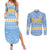 Argentina Christmas Couples Matching Summer Maxi Dress and Long Sleeve Button Shirt with Blue-White Snowflake Pattern, Sun Emblem, and Gaucho Santa Riding Horse Motif - Wonder Print Shop