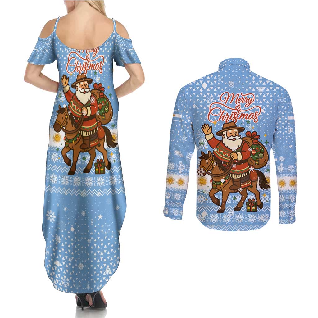 Argentina Christmas Couples Matching Summer Maxi Dress and Long Sleeve Button Shirt with Blue-White Snowflake Pattern, Sun Emblem, and Gaucho Santa Riding Horse Motif - Wonder Print Shop