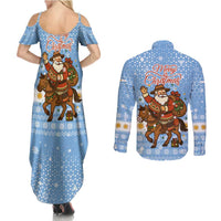 Argentina Christmas Couples Matching Summer Maxi Dress and Long Sleeve Button Shirt with Blue-White Snowflake Pattern, Sun Emblem, and Gaucho Santa Riding Horse Motif - Wonder Print Shop