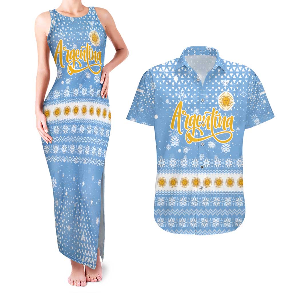 Argentina Christmas Couples Matching Tank Maxi Dress and Hawaiian Shirt with Blue-White Snowflake Pattern, Sun Emblem, and Gaucho Santa Riding Horse Motif - Wonder Print Shop