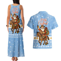 Argentina Christmas Couples Matching Tank Maxi Dress and Hawaiian Shirt with Blue-White Snowflake Pattern, Sun Emblem, and Gaucho Santa Riding Horse Motif - Wonder Print Shop