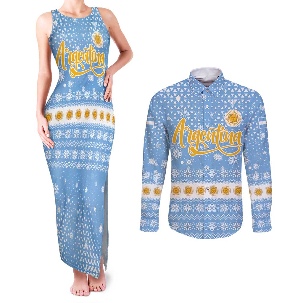 Argentina Christmas Couples Matching Tank Maxi Dress and Long Sleeve Button Shirt with Blue-White Snowflake Pattern, Sun Emblem, and Gaucho Santa Riding Horse Motif - Wonder Print Shop