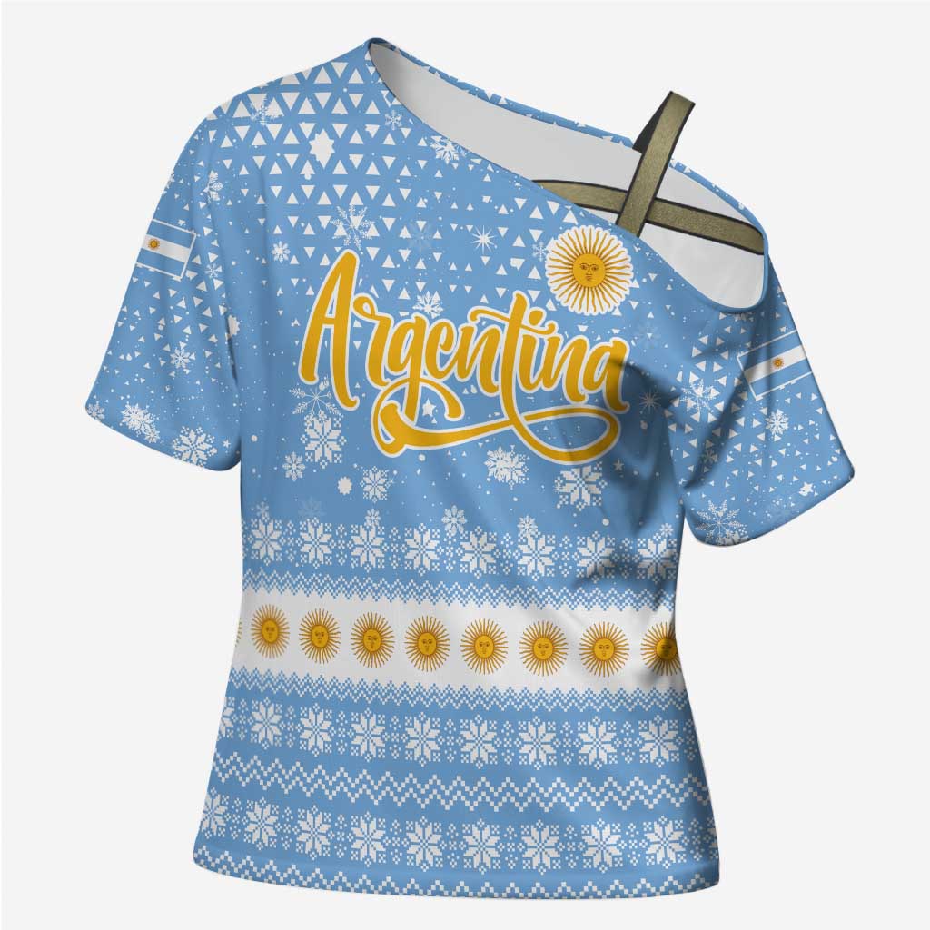 Argentina Christmas Cross Shoulder Shirt with Blue-White Snowflake Pattern, Sun Emblem, and Gaucho Santa Riding Horse Motif - Wonder Print Shop