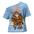 Argentina Christmas Cross Shoulder Shirt with Blue-White Snowflake Pattern, Sun Emblem, and Gaucho Santa Riding Horse Motif - Wonder Print Shop