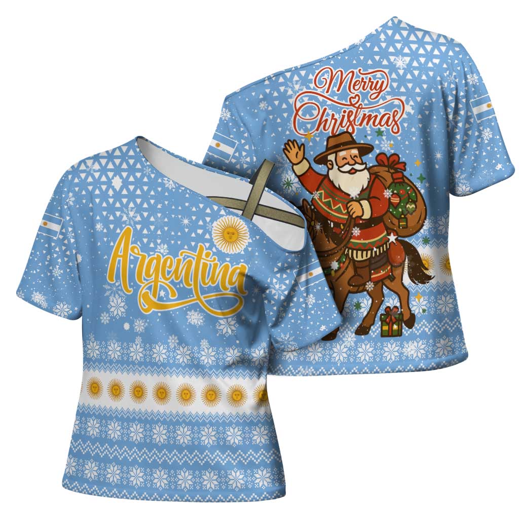 Argentina Christmas Cross Shoulder Shirt with Blue-White Snowflake Pattern, Sun Emblem, and Gaucho Santa Riding Horse Motif - Wonder Print Shop