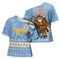 Argentina Christmas Cross Shoulder Shirt with Blue-White Snowflake Pattern, Sun Emblem, and Gaucho Santa Riding Horse Motif - Wonder Print Shop