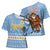 Argentina Christmas Cross Shoulder Shirt with Blue-White Snowflake Pattern, Sun Emblem, and Gaucho Santa Riding Horse Motif - Wonder Print Shop