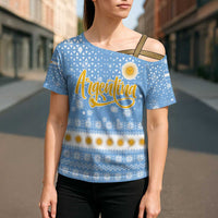 Argentina Christmas Cross Shoulder Shirt with Blue-White Snowflake Pattern, Sun Emblem, and Gaucho Santa Riding Horse Motif - Wonder Print Shop