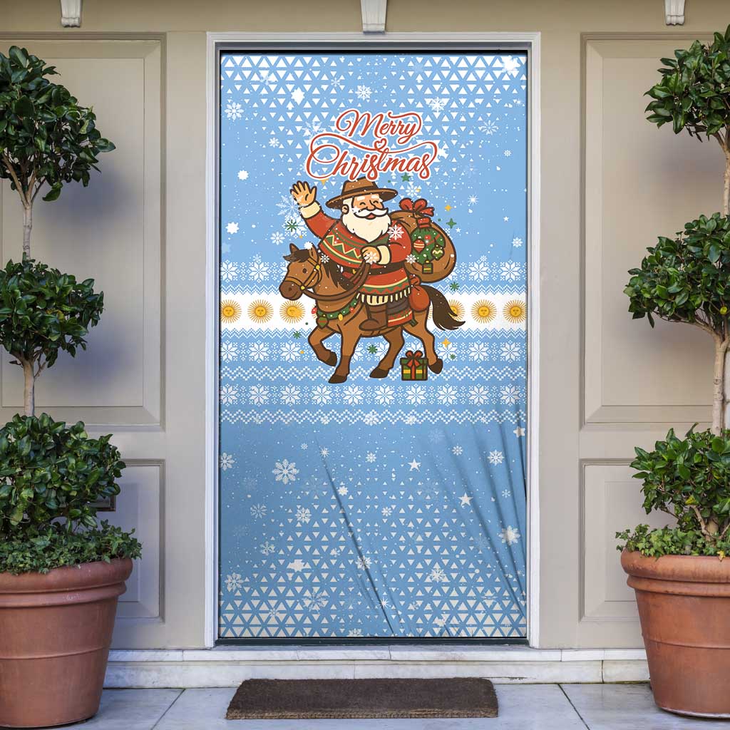 Argentina Christmas Door Cover with Blue-White Snowflake Pattern, Sun Emblem, and Gaucho Santa Riding Horse Motif - Wonder Print Shop