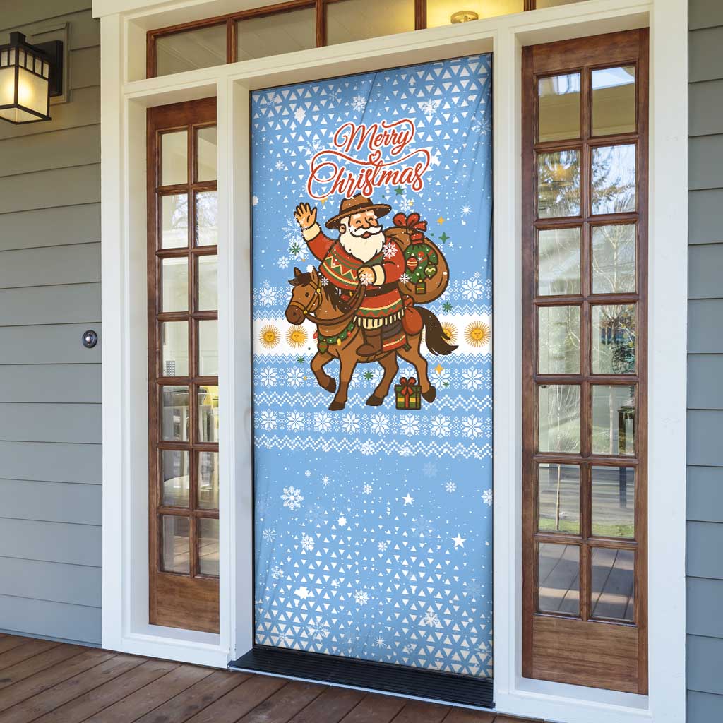 Argentina Christmas Door Cover with Blue-White Snowflake Pattern, Sun Emblem, and Gaucho Santa Riding Horse Motif - Wonder Print Shop