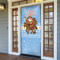 Argentina Christmas Door Cover with Blue-White Snowflake Pattern, Sun Emblem, and Gaucho Santa Riding Horse Motif - Wonder Print Shop