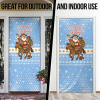 Argentina Christmas Door Cover with Blue-White Snowflake Pattern, Sun Emblem, and Gaucho Santa Riding Horse Motif - Wonder Print Shop