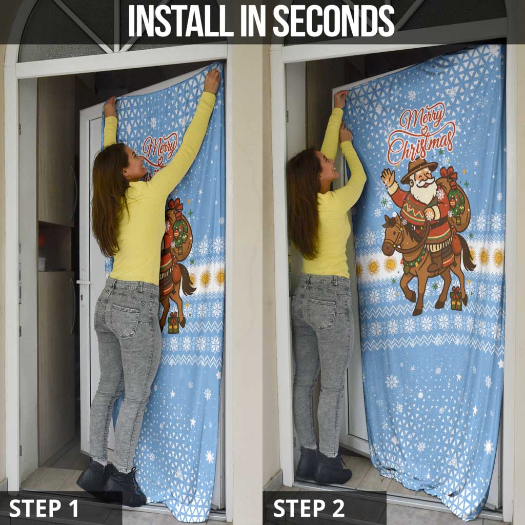 Argentina Christmas Door Cover with Blue-White Snowflake Pattern, Sun Emblem, and Gaucho Santa Riding Horse Motif - Wonder Print Shop