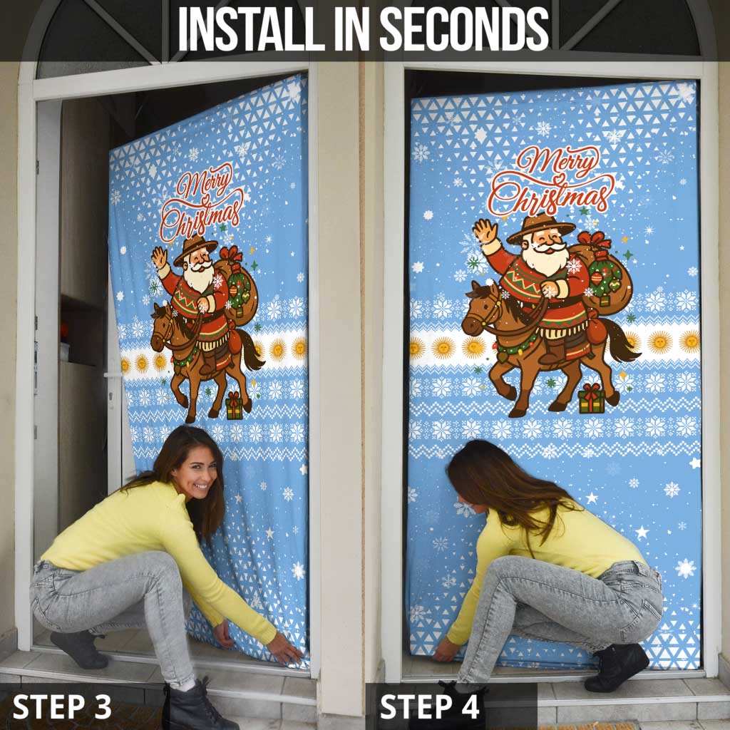 Argentina Christmas Door Cover with Blue-White Snowflake Pattern, Sun Emblem, and Gaucho Santa Riding Horse Motif - Wonder Print Shop