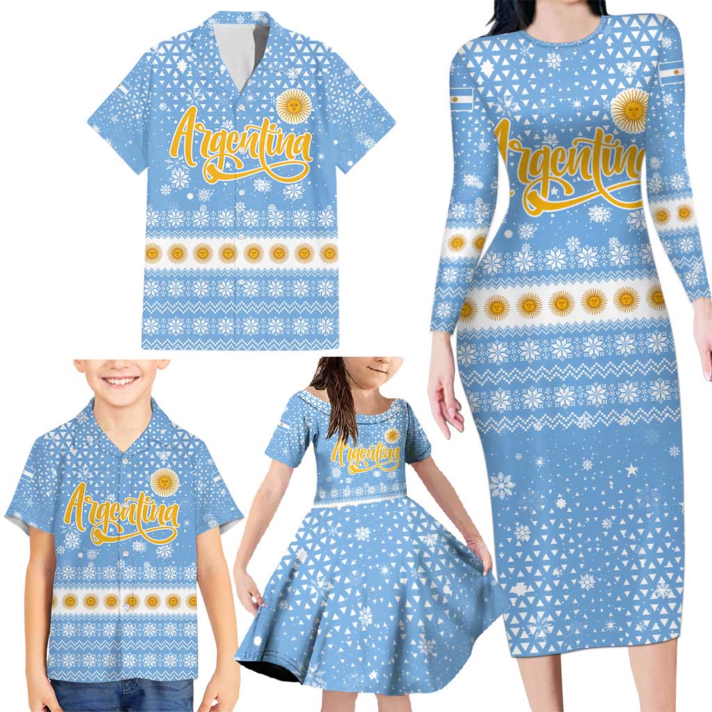 Argentina Christmas Family Matching Long Sleeve Bodycon Dress and Hawaiian Shirt with Blue-White Snowflake Pattern, Sun Emblem, and Gaucho Santa Riding Horse Motif - Wonder Print Shop
