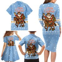 Argentina Christmas Family Matching Long Sleeve Bodycon Dress and Hawaiian Shirt with Blue-White Snowflake Pattern, Sun Emblem, and Gaucho Santa Riding Horse Motif - Wonder Print Shop