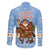 Argentina Christmas Family Matching Long Sleeve Bodycon Dress and Hawaiian Shirt with Blue-White Snowflake Pattern, Sun Emblem, and Gaucho Santa Riding Horse Motif - Wonder Print Shop
