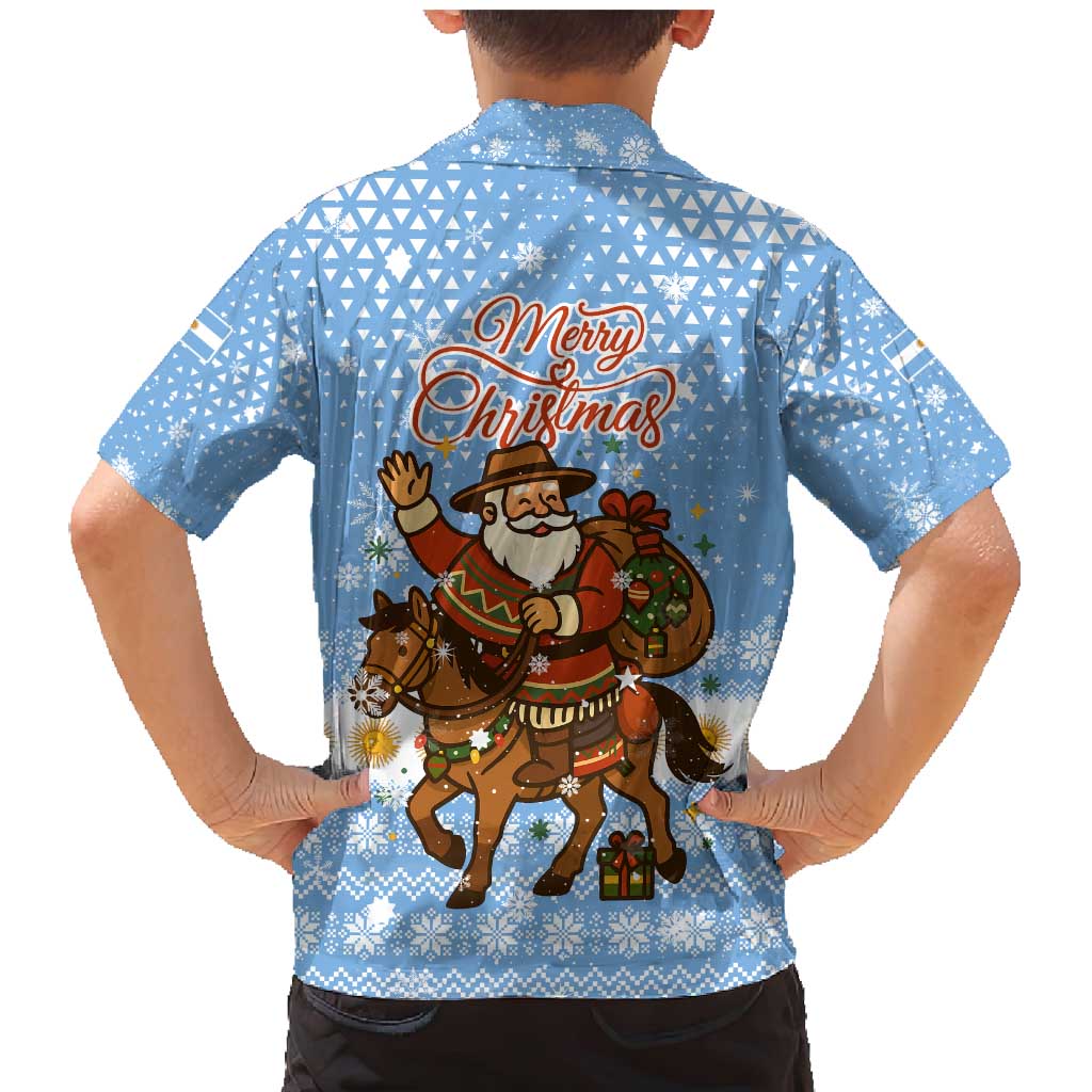 Argentina Christmas Family Matching Mermaid Dress and Hawaiian Shirt with Blue-White Snowflake Pattern, Sun Emblem, and Gaucho Santa Riding Horse Motif - Wonder Print Shop