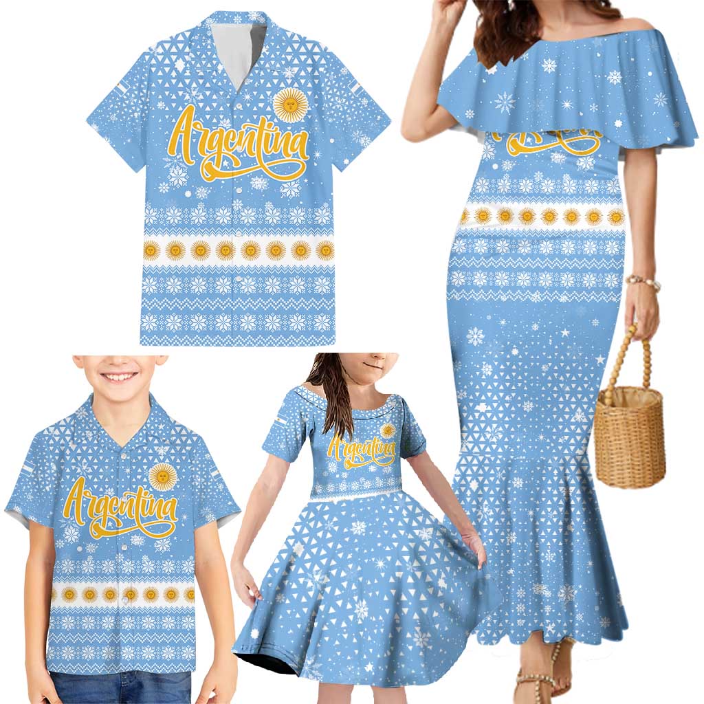 Argentina Christmas Family Matching Mermaid Dress and Hawaiian Shirt with Blue-White Snowflake Pattern, Sun Emblem, and Gaucho Santa Riding Horse Motif - Wonder Print Shop