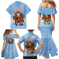 Argentina Christmas Family Matching Mermaid Dress and Hawaiian Shirt with Blue-White Snowflake Pattern, Sun Emblem, and Gaucho Santa Riding Horse Motif - Wonder Print Shop