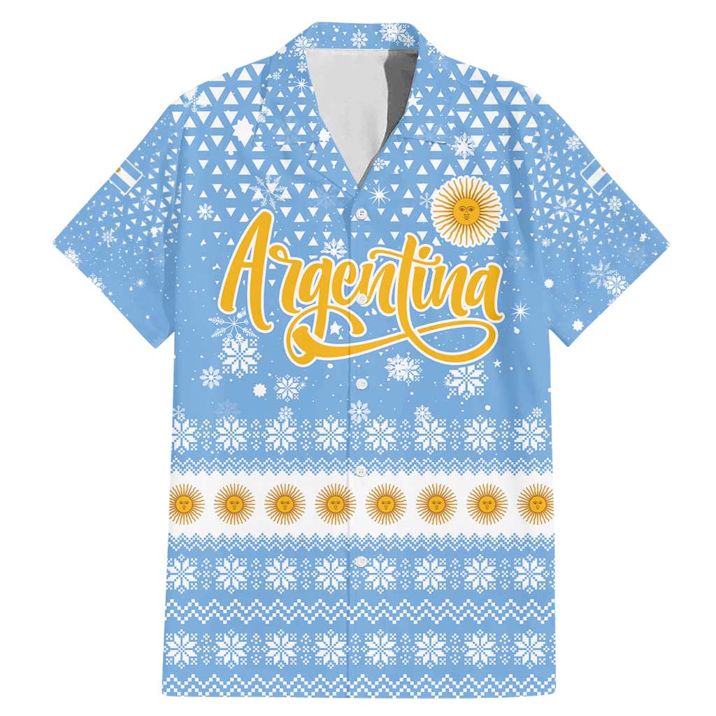 Argentina Christmas Family Matching Mermaid Dress and Hawaiian Shirt with Blue-White Snowflake Pattern, Sun Emblem, and Gaucho Santa Riding Horse Motif - Wonder Print Shop