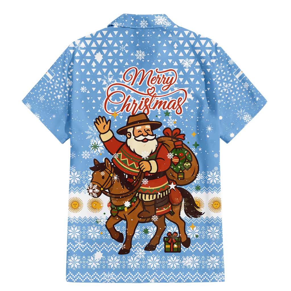 Argentina Christmas Family Matching Mermaid Dress and Hawaiian Shirt with Blue-White Snowflake Pattern, Sun Emblem, and Gaucho Santa Riding Horse Motif - Wonder Print Shop