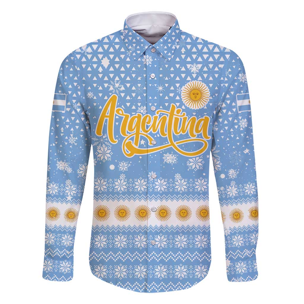 Argentina Christmas Family Matching Mermaid Dress and Hawaiian Shirt with Blue-White Snowflake Pattern, Sun Emblem, and Gaucho Santa Riding Horse Motif - Wonder Print Shop