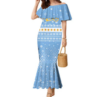 Argentina Christmas Family Matching Mermaid Dress and Hawaiian Shirt with Blue-White Snowflake Pattern, Sun Emblem, and Gaucho Santa Riding Horse Motif - Wonder Print Shop