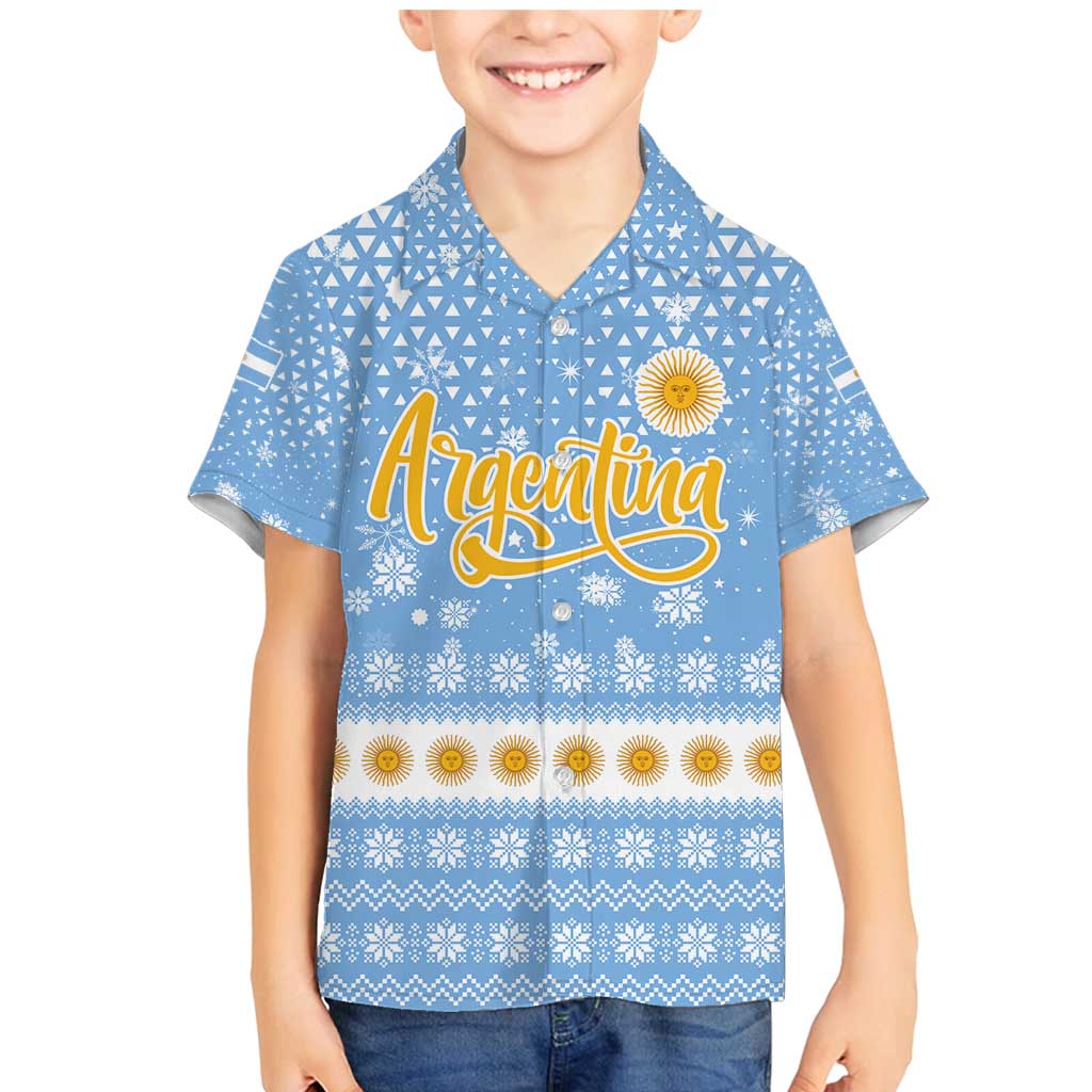 Argentina Christmas Family Matching Mermaid Dress and Hawaiian Shirt with Blue-White Snowflake Pattern, Sun Emblem, and Gaucho Santa Riding Horse Motif - Wonder Print Shop