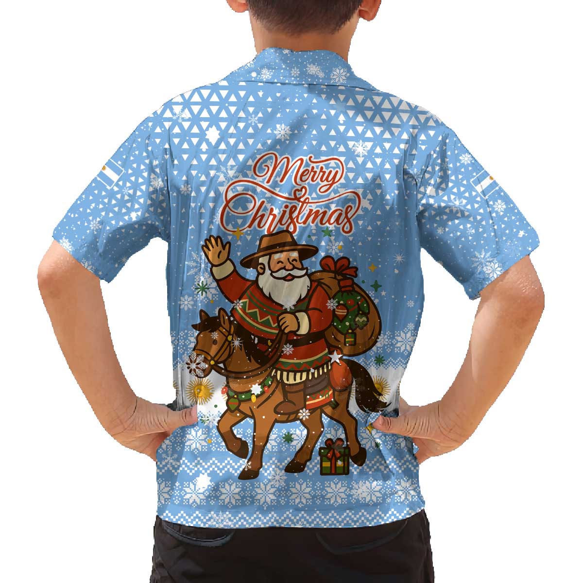 Argentina Christmas Family Matching Off The Shoulder Long Sleeve Dress and Hawaiian Shirt with Blue-White Snowflake Pattern, Sun Emblem, and Gaucho Santa Riding Horse Motif - Wonder Print Shop
