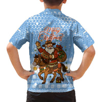 Argentina Christmas Family Matching Off The Shoulder Long Sleeve Dress and Hawaiian Shirt with Blue-White Snowflake Pattern, Sun Emblem, and Gaucho Santa Riding Horse Motif - Wonder Print Shop