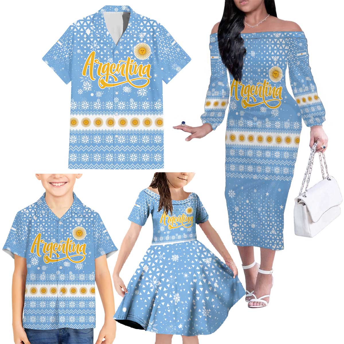 Argentina Christmas Family Matching Off The Shoulder Long Sleeve Dress and Hawaiian Shirt with Blue-White Snowflake Pattern, Sun Emblem, and Gaucho Santa Riding Horse Motif - Wonder Print Shop