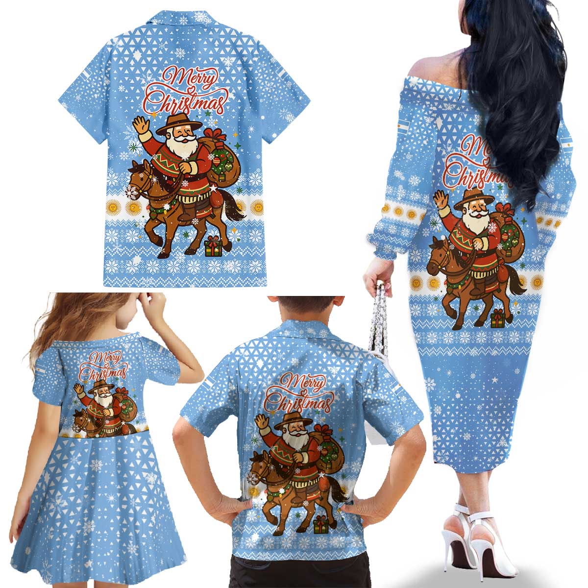 Argentina Christmas Family Matching Off The Shoulder Long Sleeve Dress and Hawaiian Shirt with Blue-White Snowflake Pattern, Sun Emblem, and Gaucho Santa Riding Horse Motif - Wonder Print Shop